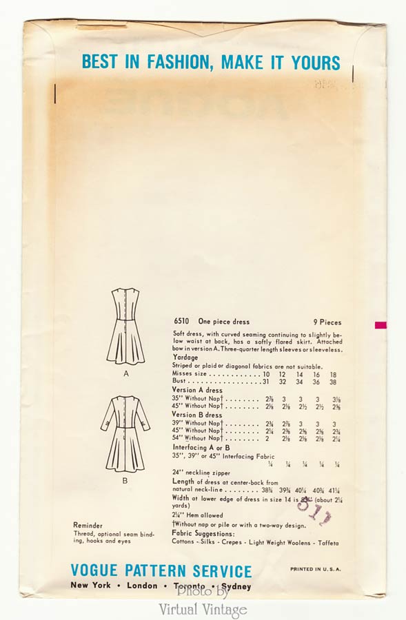 Vogue 6510, 60s Sleeveless Dress Pattern with Bow, Bust 34, Uncut