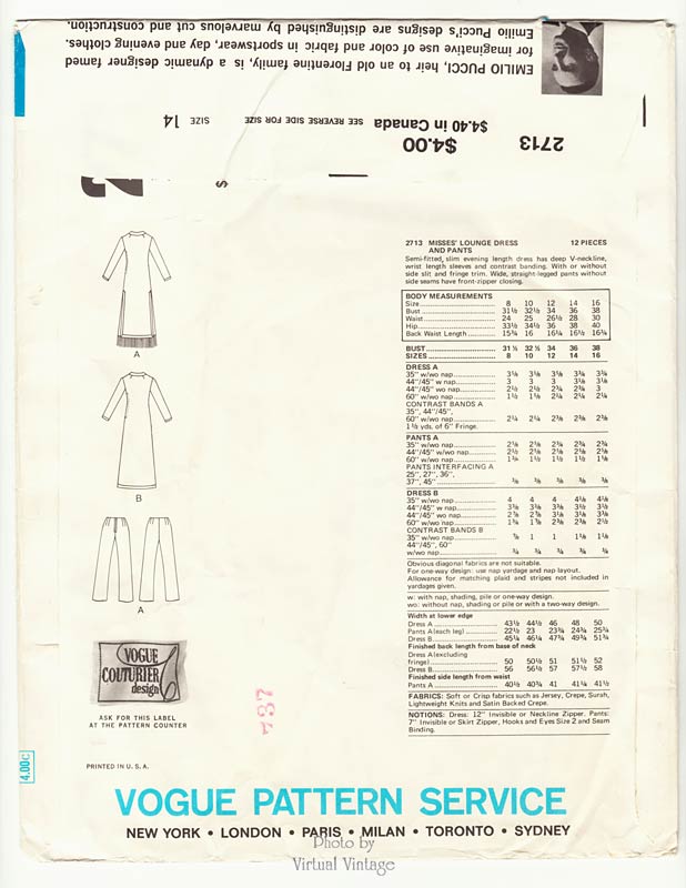 1970s Pucci Dress Pattern, Vogue Couturier 2713, Bust 36