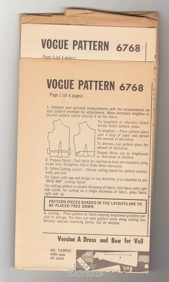 60s Empire Waist Wedding Dress Pattern, Vogue 6768, Gown, Veil & Hat Bust 34 Uncut
