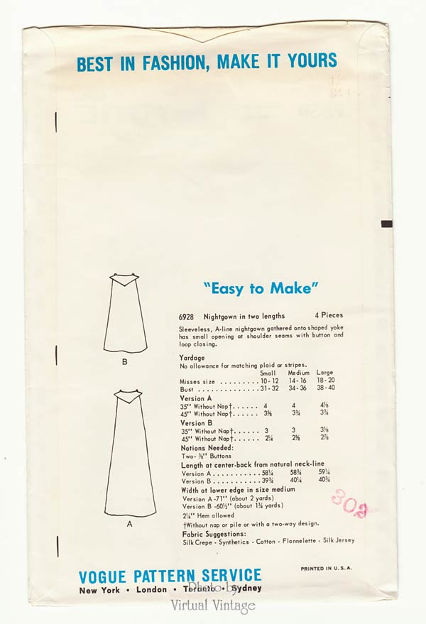 1960s Sleeveless Nightgown Pattern Vogue 6928, Easy Sewing MuuMuu, Uncut