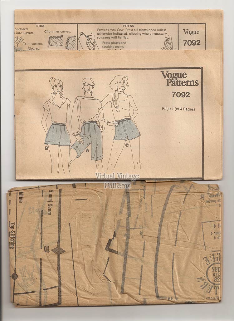 Womens Shorts Pattern, Vogue 7092, Bermuda Shorts or Short Shorts, Waist 28, Uncut