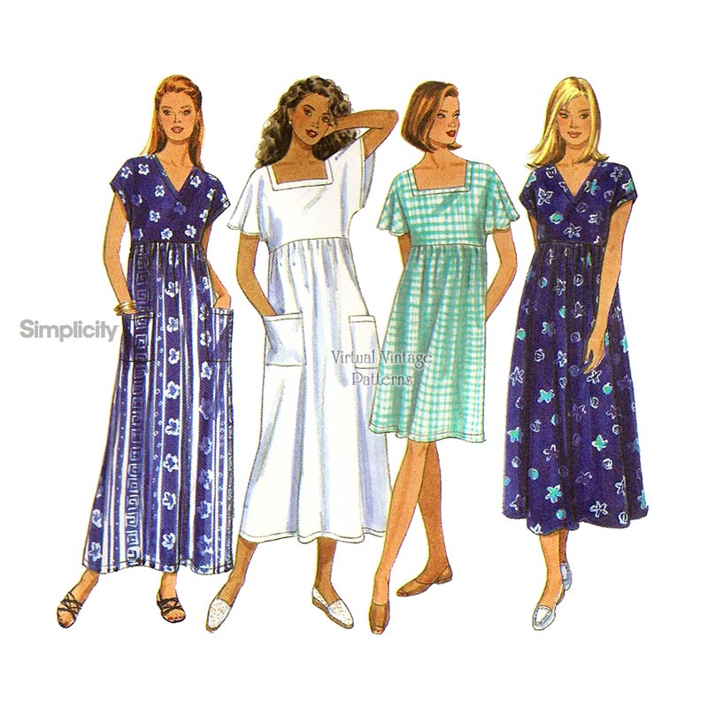 Easy Pullover Dress Pattern, Simplicity 7181, Loose-fitting Empire Waist Dress, XS S M, Uncut
