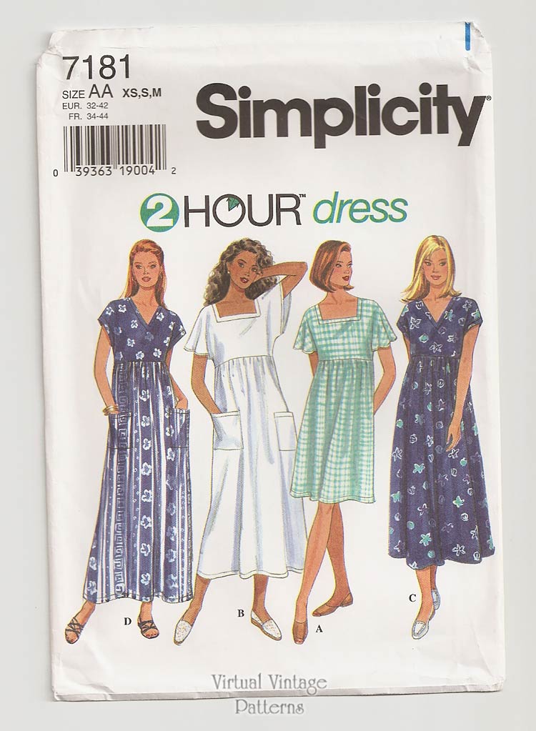 Easy Pullover Dress Pattern, Simplicity 7181, Loose-fitting Empire Waist Dress, XS S M, Uncut