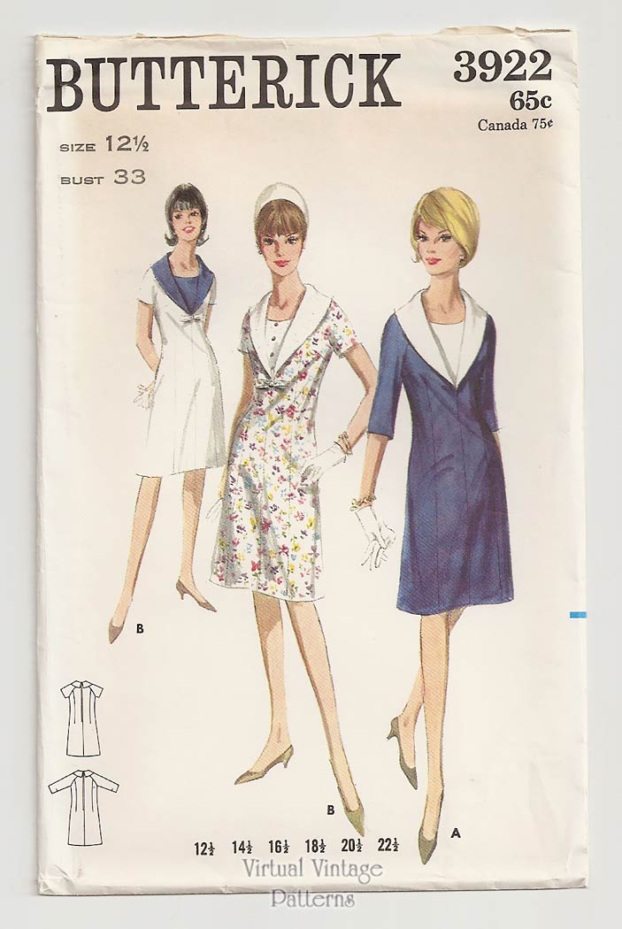 Contrast Collar Dress Pattern, Butterick 3922, 1960s Sewing Patterns