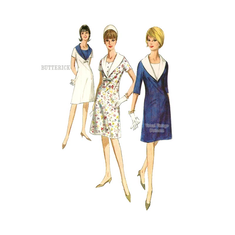 Contrast Collar Dress Pattern, Butterick 3922, 1960s Sewing Patterns