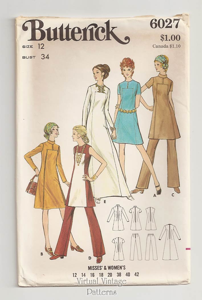 70s Butterick 6027, Day or Evening Dress, Tunic & Pants Patterns, Bust 34, Uncut