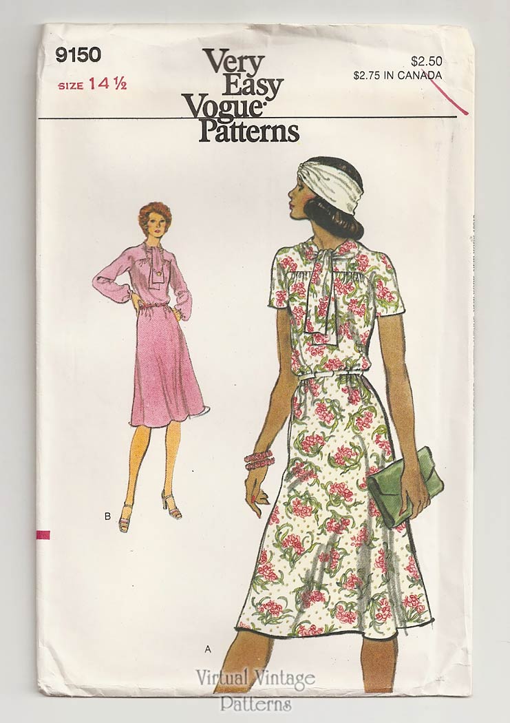 1970s Blouson Dress Pattern, Very Easy Vogue 9150, Bust 37, Uncut