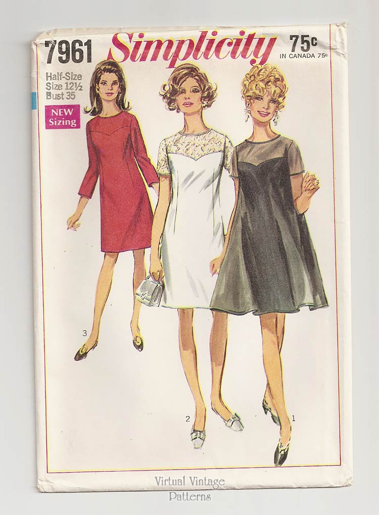 60s Petite Dress Pattern, Simplicity 7961, Sheer Overdress & Dress, Bust 35, Uncut