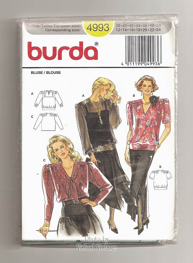 Womens Blouse Sewing Pattern, Burda 4993, Sizes 12 to 24, Uncut