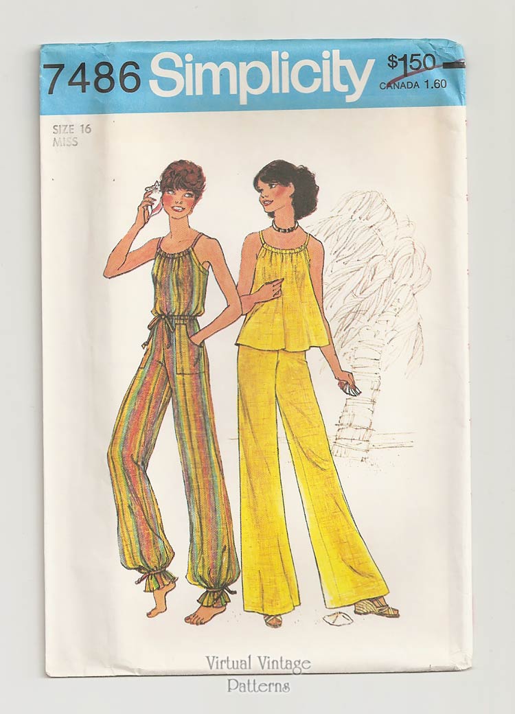 Vintage 1970s Sewing Patterns, Simplicity 7486, Halter Top & Wide-Leg Pants, Bust 38 Uncut