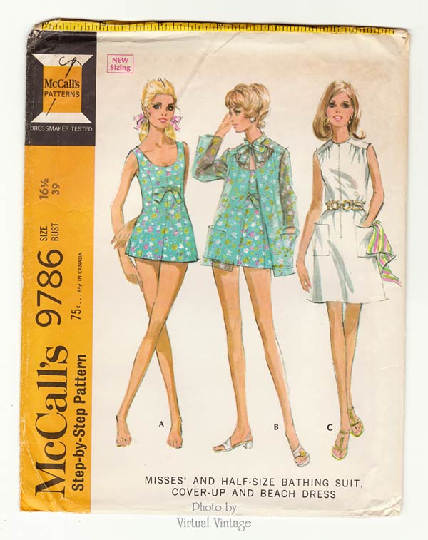 McCalls 9786 Vintage Swimsuit Pattern with Cover Up & Beach Dress Bust 39, Uncut