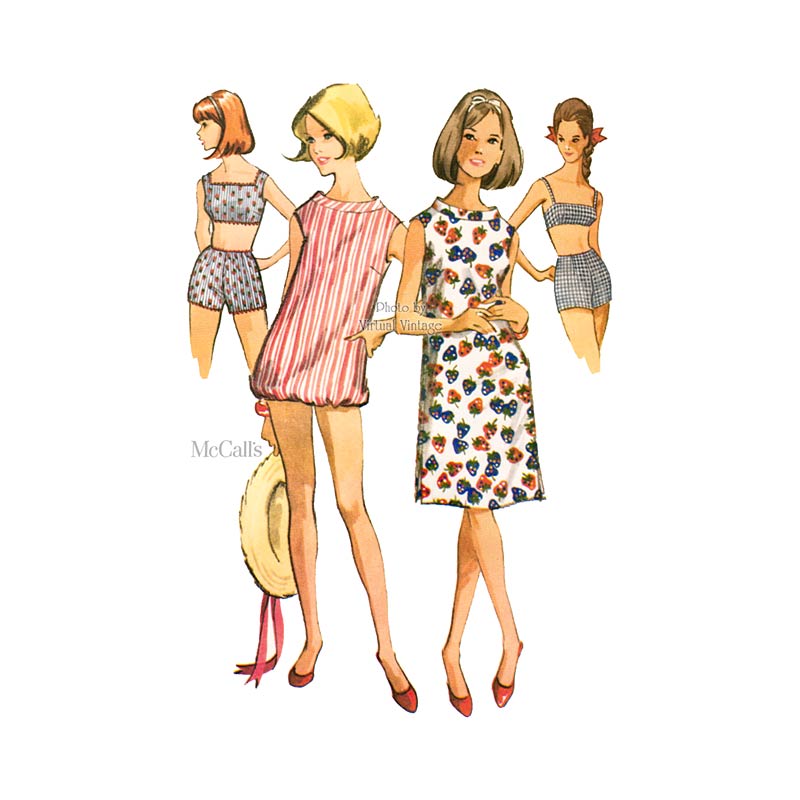 1960s Bathing Suit Pattern McCalls 7796, 2-Pc Swimsuit, Cover Up & Shift Dress Bust 34 Uncut