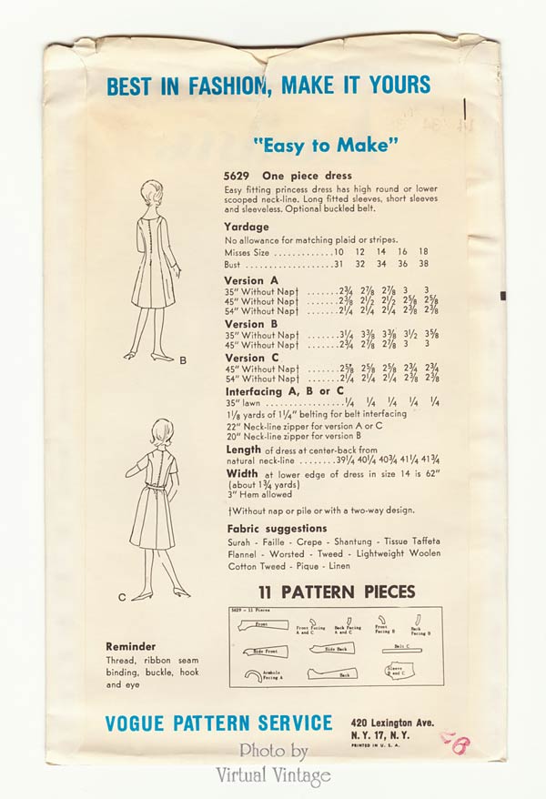 60s Princess Seam A-Line Dress Pattern Vogue 5629, Easy Sewing, Bust 34, Uncut