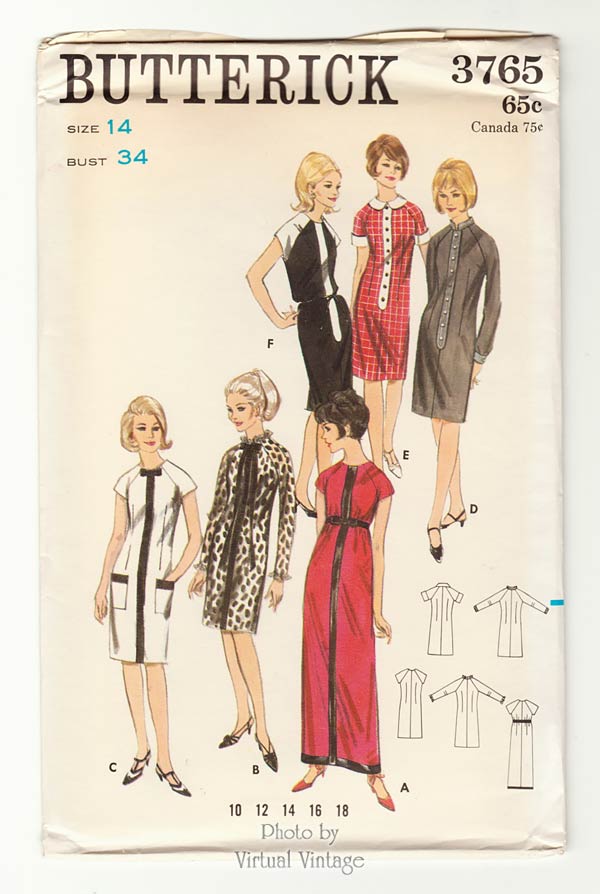 60s Vintage Dress Patterns Butterick 3765, Jewel Neck Shift Dress, Easy Sewing, Bust 34, Uncut