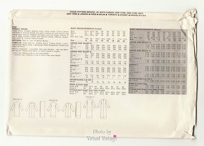 Caftan Dress Pattern, Vogue 8195, Vintage Sewing Patterns, Bust 34, Uncut