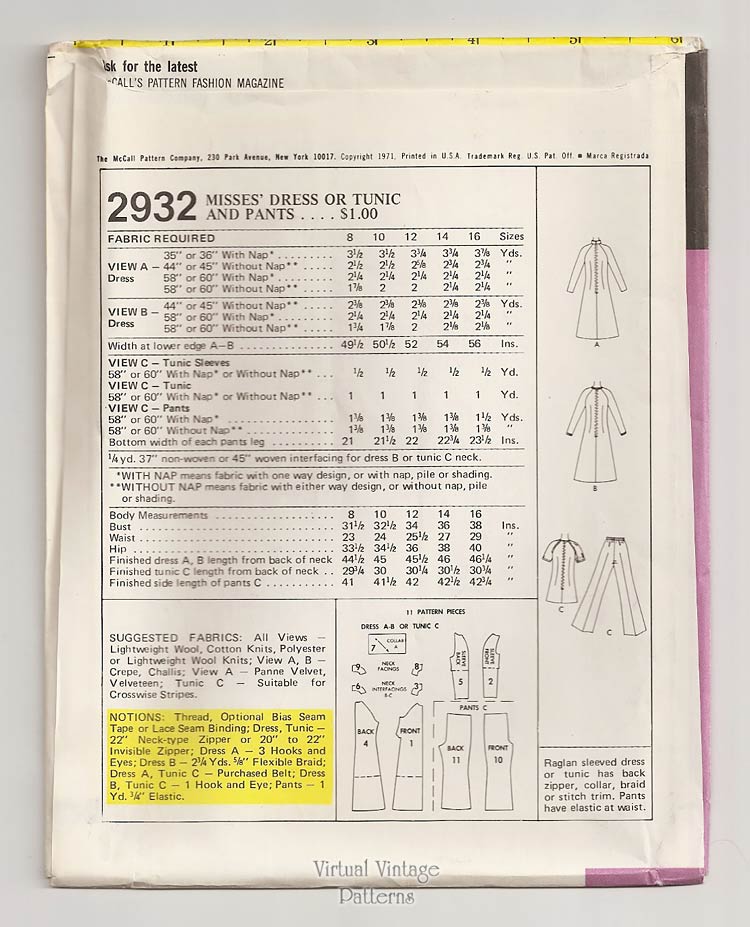 1970s Sewing Patterns, McCalls 2932, A Line Dress or Tunic & Pants, Bust 34, Uncut