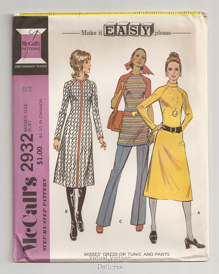 1970s Sewing Patterns, McCalls 2932, A Line Dress or Tunic & Pants, Bust 34, Uncut