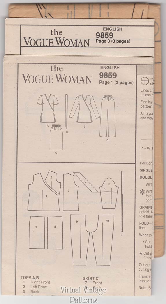 Easy Sewing Womens Clothing Pattern, Vogue 9859, Top, Skirt & Pants, Size 8 10 12, Uncut