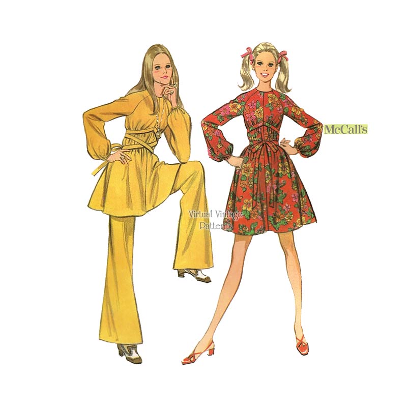 1960s Mini Dress or Tunic Top & Bell Bottom Pants Pattern, McCalls 2012, Bust 36, Uncut