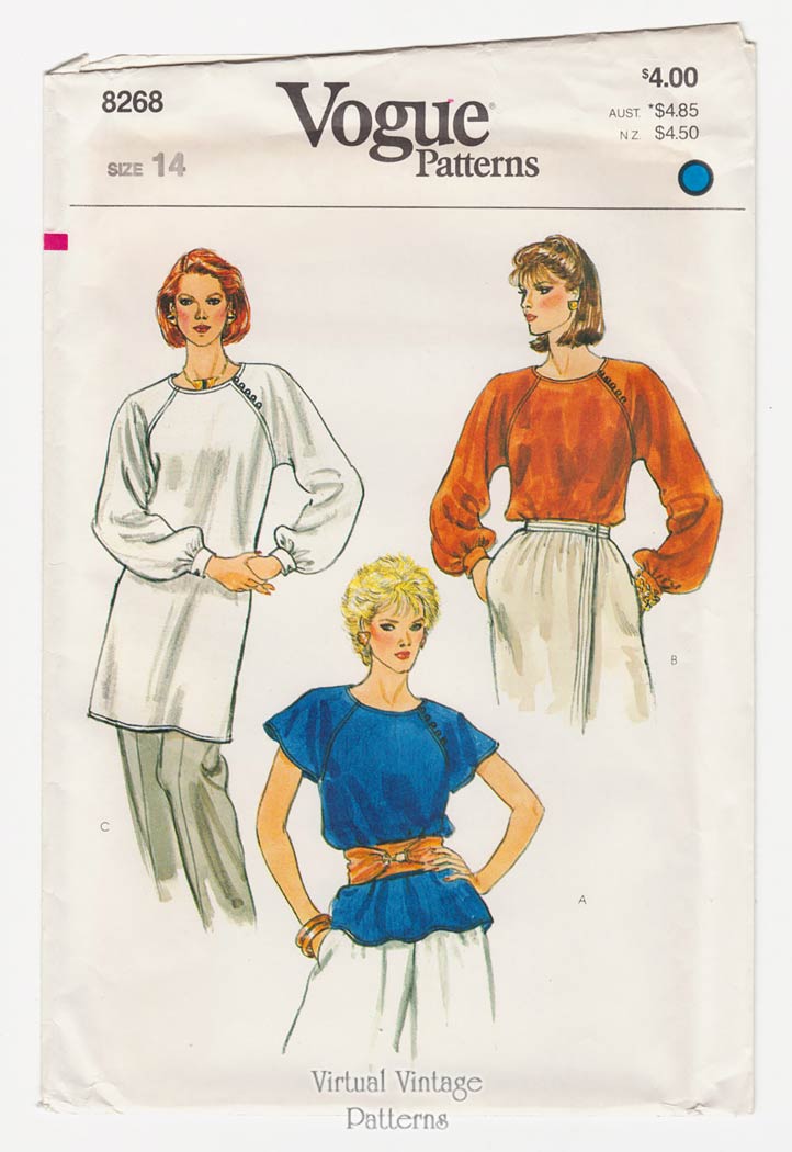 Womens Blouse or Tunic Pattern, Vogue 8268, Bust 36, Uncut