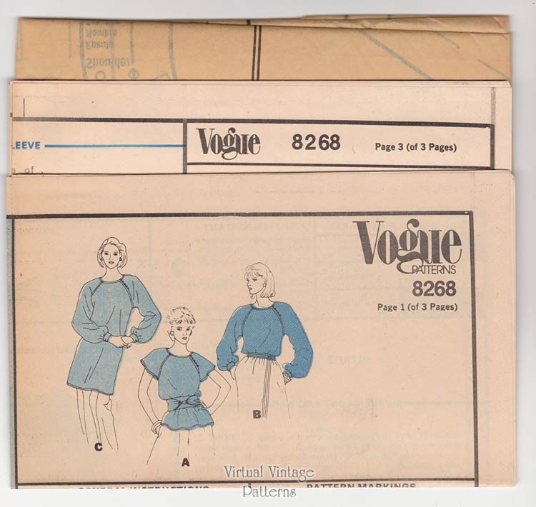 Womens Blouse or Tunic Pattern, Vogue 8268, Bust 36, Uncut