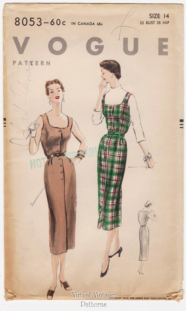 50s Jumper Dress Pattern Vogue 8053, Sleeveless Sheath Dress Vintage Sewing Pattern