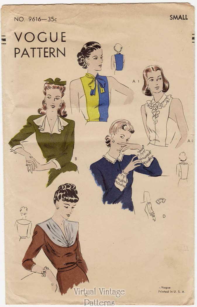 1940s Sewing Pattern Vogue 9616, Collars, Cuffs, and Dickey Patterns, Bust 32 34, Uncut