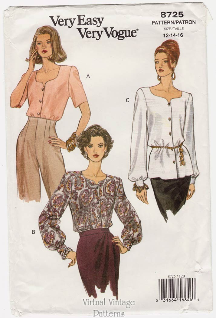 90s Easy Blouse Pattern, Vogue 8725, Loose-Fitting Button Front Top, Bust 34 36 38, Uncut