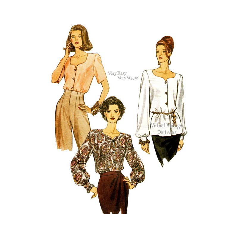 90s Easy Blouse Pattern, Vogue 8725, Loose-Fitting Button Front Top, Bust 34 36 38, Uncut