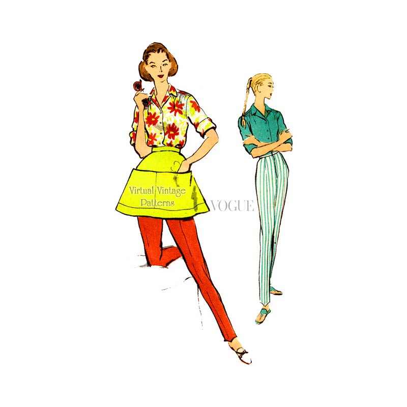 1950s Sewing Pattern, Vogue 9139, Womens Shirt, Pants & Half Apron Patterns, Bust 34, Uncut