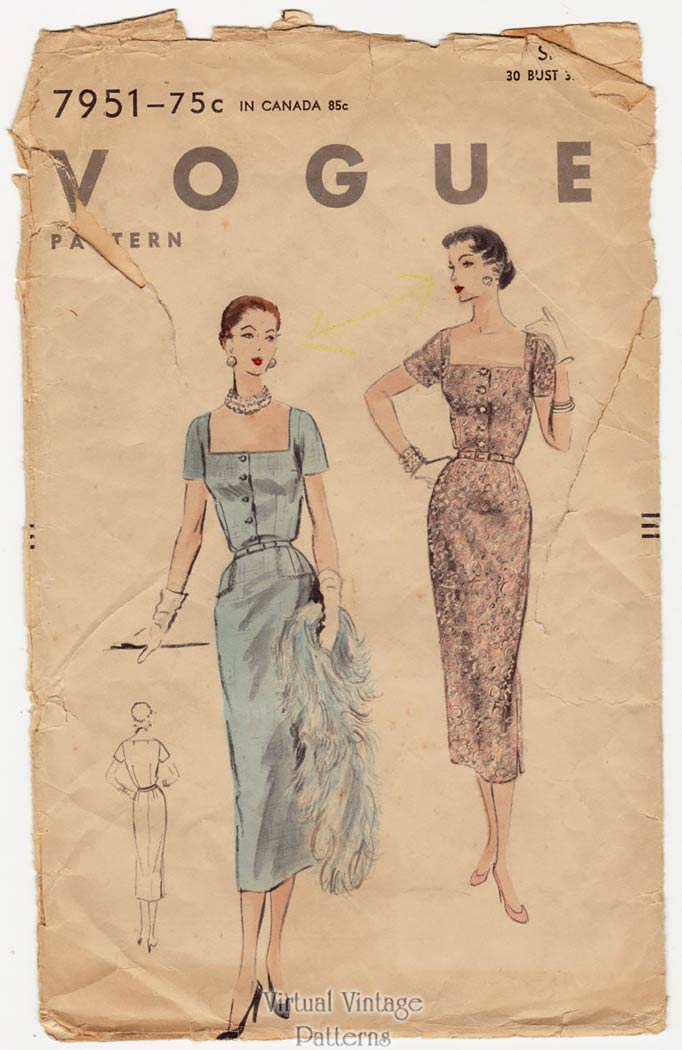 50s Sheath Dress Pattern, Vogue 7951, Easy to Sew Vintage Sewing Pattern