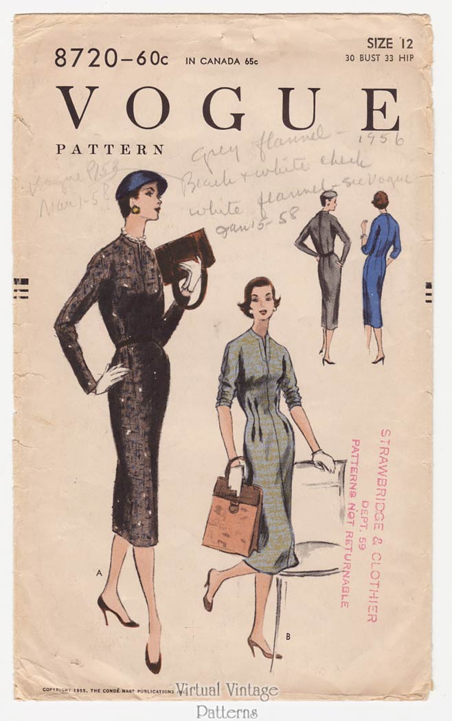 1950s Vogue Sheath Dress Pattern 8720, Easy Sewing Patterns