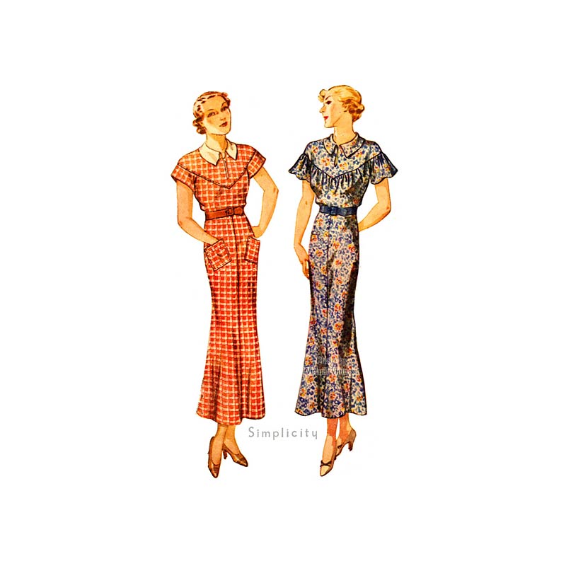 Simplicity 1748 1930s Dress Pattern with Flutter Sleeves, Yoke Bodice, Slim Skirt, Pockets, Bust 35