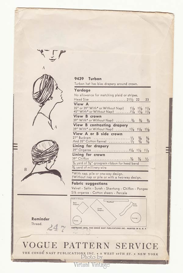 Vintage Turban Pattern Vogue 9439 Sally Victor Hat Sewing Pattern Womens Head Size 23, Uncut