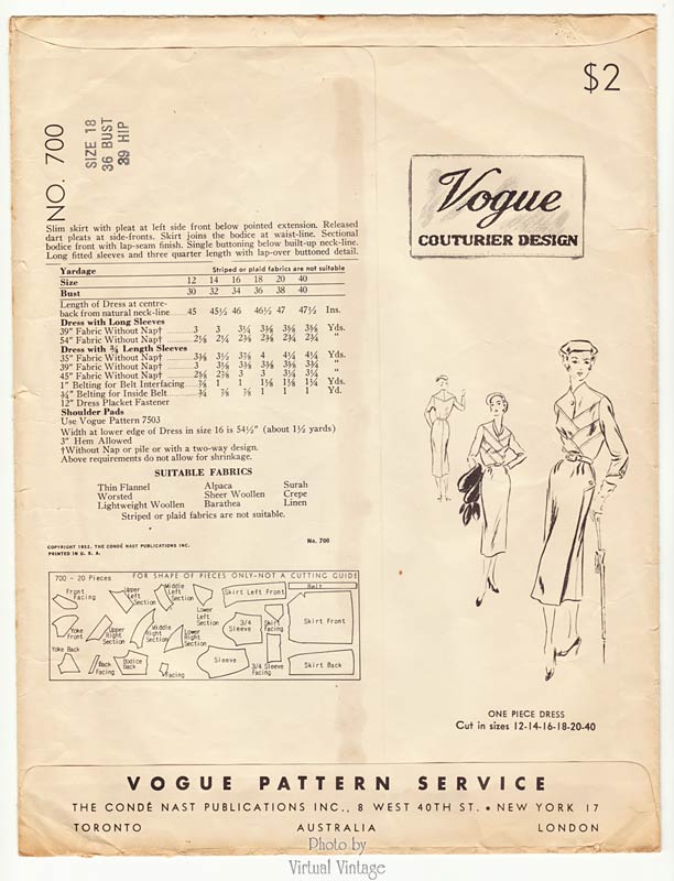 1950s Couture Dress Pattern, Vogue Couturier 700, Bust 36 Vintage Sewing Pattern