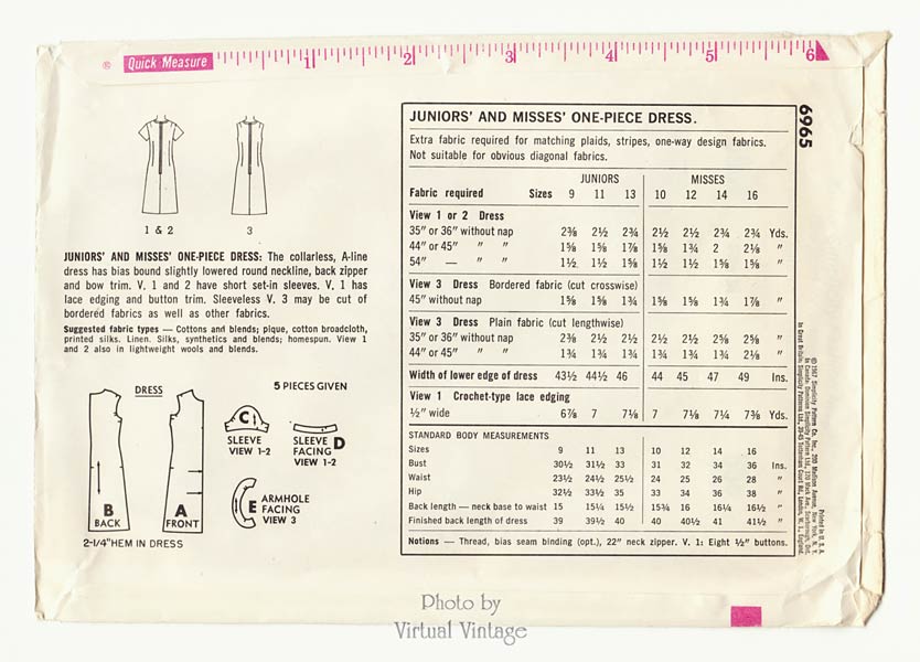 1960s Sleeveless A-line Dress Pattern, Simplicity 6965
