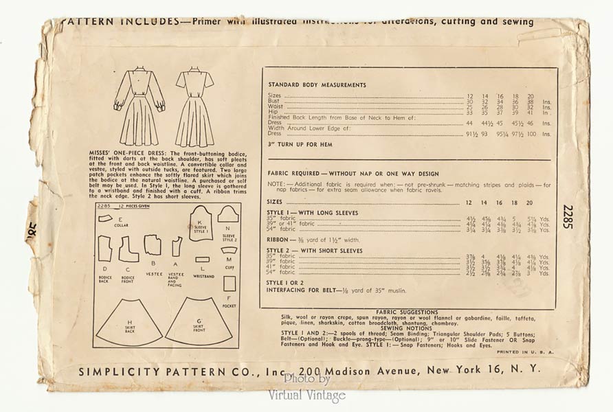 1940s Shirt Dress Sewing Pattern Simplicity 2285, 40s Day Dress, Uncut