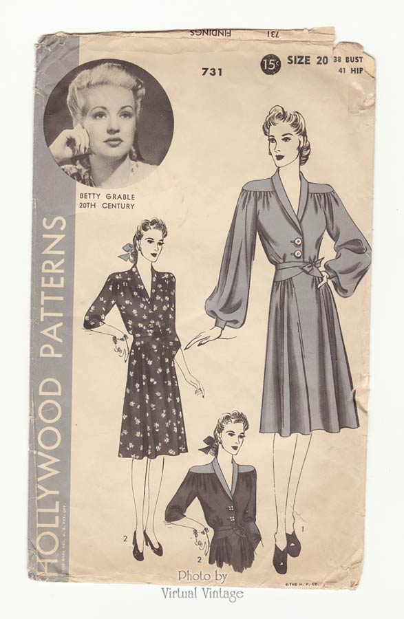 1940s Betty Grable Hollywood Pattern 731 Vintage Dress Sewing Pattern, Bust 38