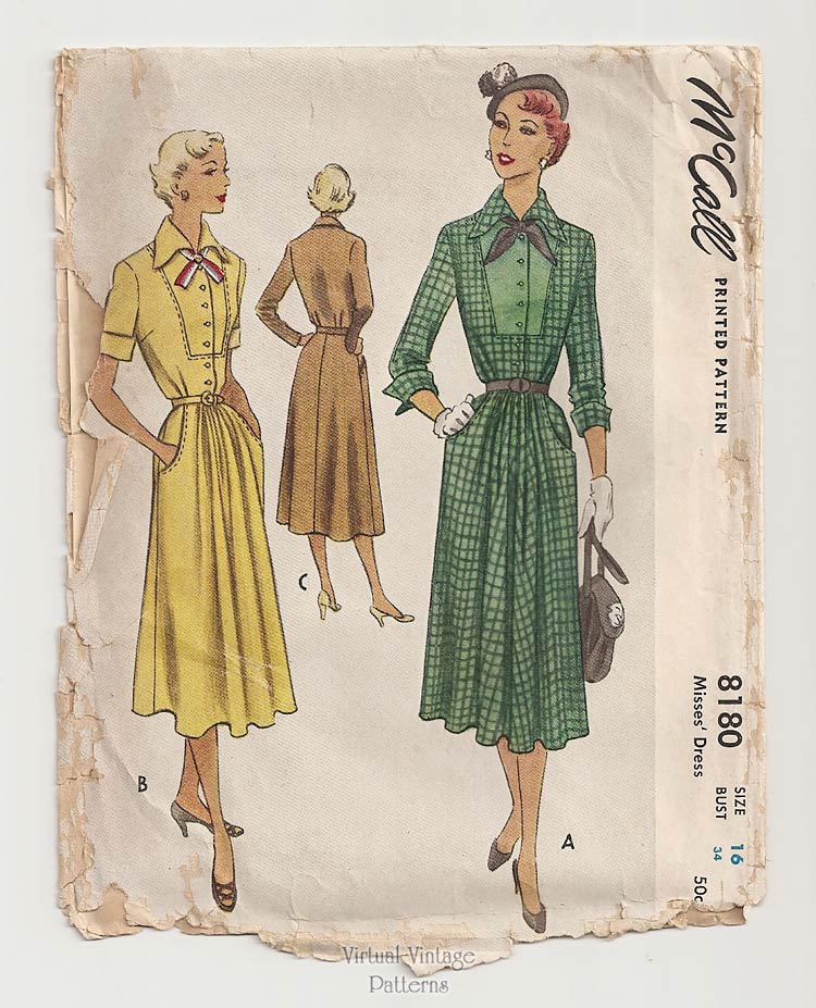 50s Day Dress Pattern, McCall 8180, Vintage Shirtwaist Dress, Bust 34