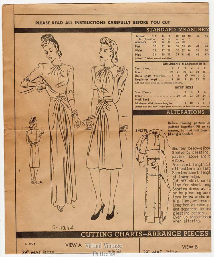 1940s Evening Dress Pattern, Vogue Special Design S-4274, Bust 30