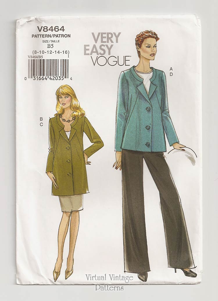 Easy Sewing Pattern for Womens Clothing Vogue V8464, Jacket, Skirt, Pants, Sizes 8 to 16, Uncut