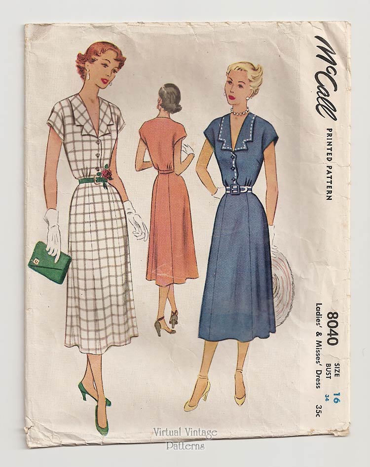 1950s Day Dress Sewing Pattern, McCall 8040, Vintage Sewing Pattern, Bust 34