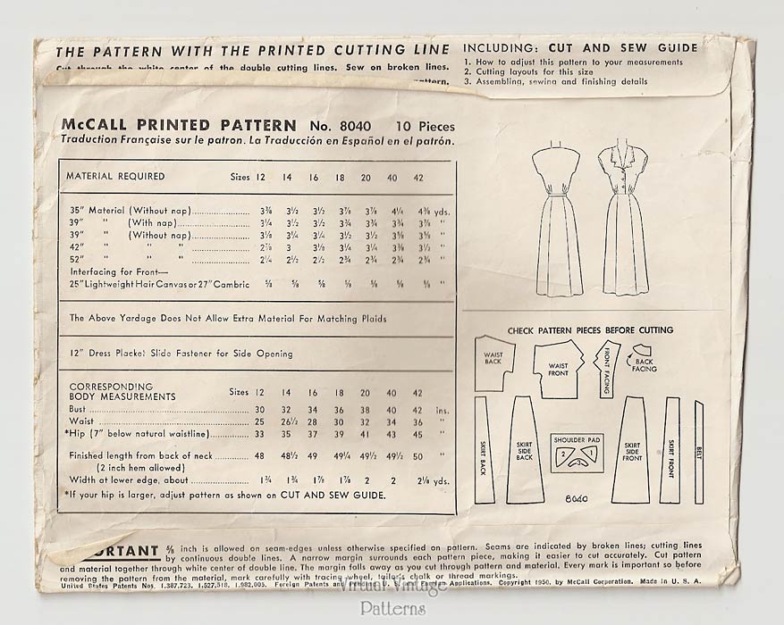 1950s Day Dress Sewing Pattern, McCall 8040, Vintage Sewing Pattern, Bust 34