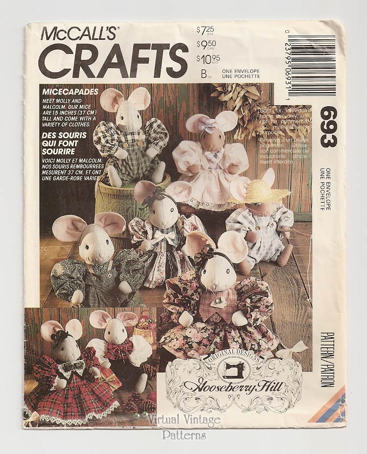Mouse Doll Pattern, McCalls 5350 693, 15” Mice and Clothes Patterns, Uncut
