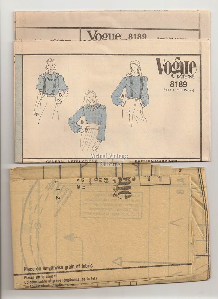 High Neck Ruffle Collar Blouse Pattern, Vogue 8189, Vintage Sewing Patterns, Uncut