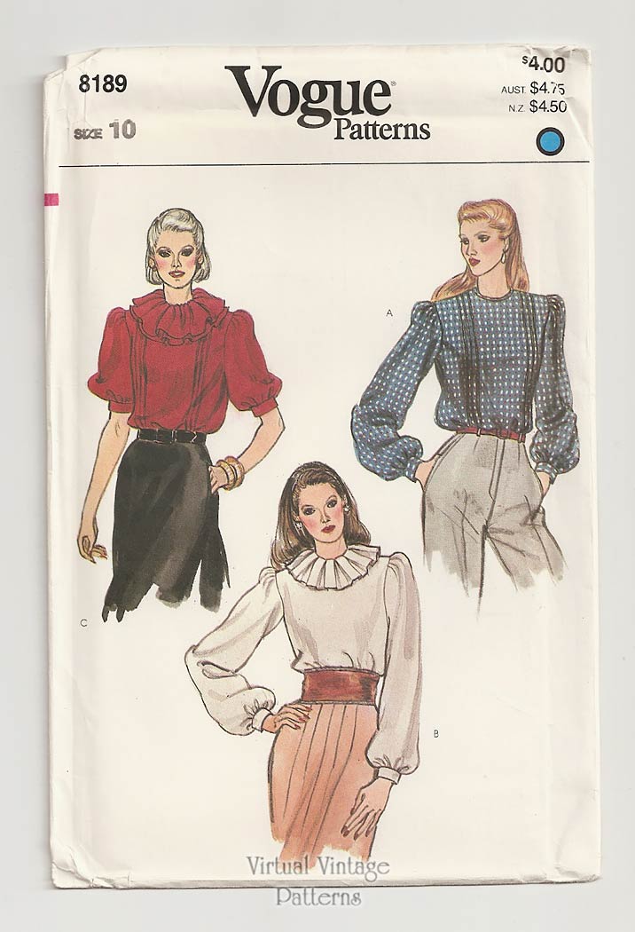 High Neck Ruffle Collar Blouse Pattern, Vogue 8189, Vintage Sewing Patterns, Uncut