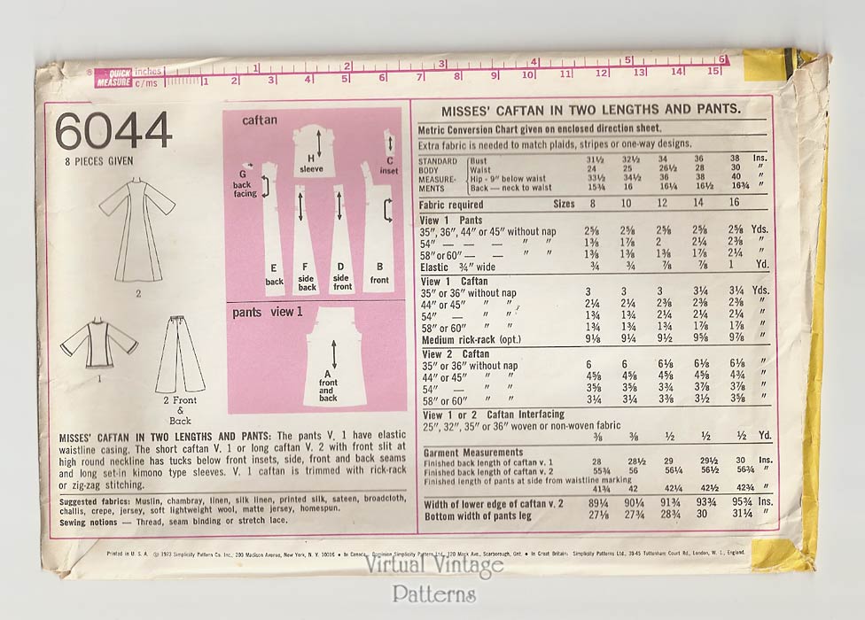 Womens Caftan Sewing Pattern, Simplicity 6044, Long or Short Kaftan & Pants, Uncut