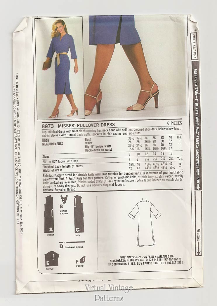 Womens Pullover Dress Pattern, Simplicity 8973, Stretch Knits Only, Size 14 16 18, Uncut