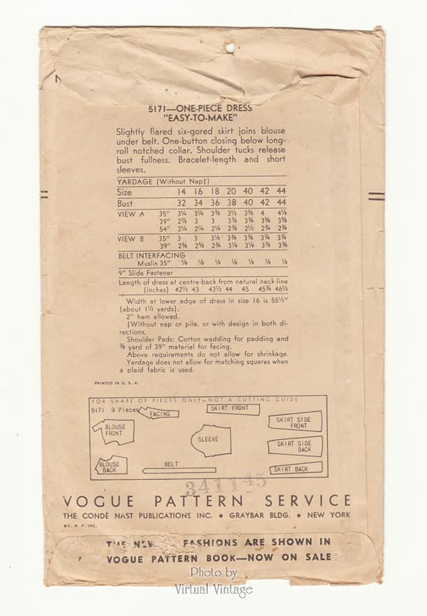1940s Vogue Dress Pattern 5171, Easy Sewing Patterns