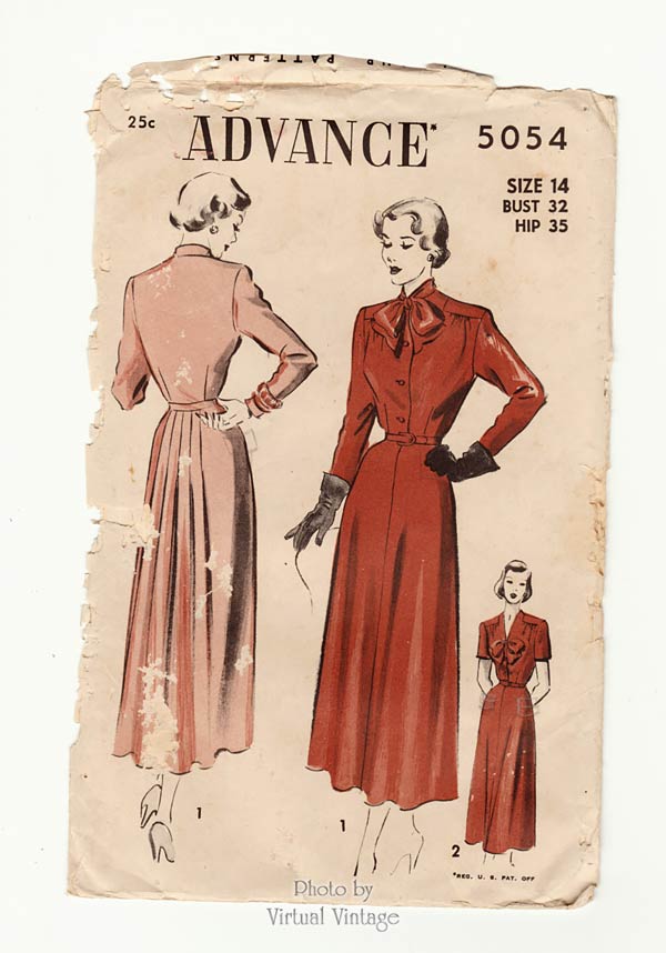 1940s Dress Pattern Advance 5054, Bow Dress Vintage Sewing Pattern, Bust 32